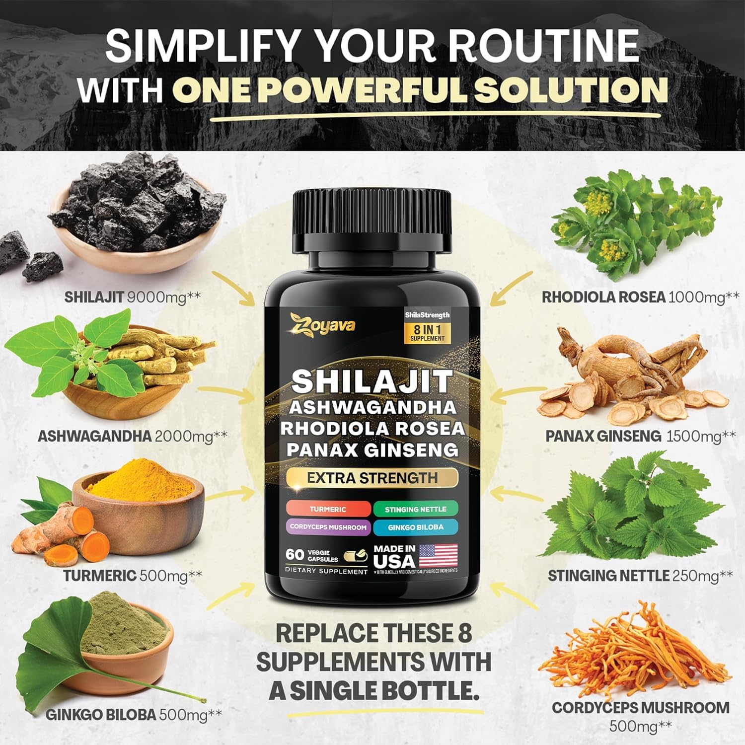Formule Complète 8-en-1 : Shilajit & Adaptogènes Premium