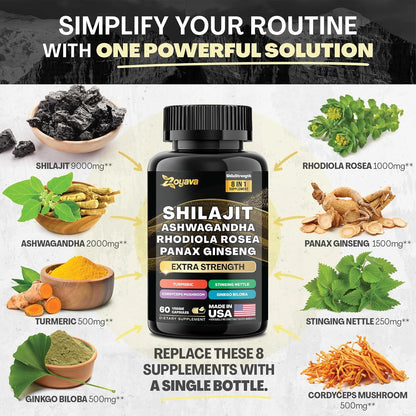 Formule Complète 8-en-1 : Shilajit &amp; Adaptogènes Premium