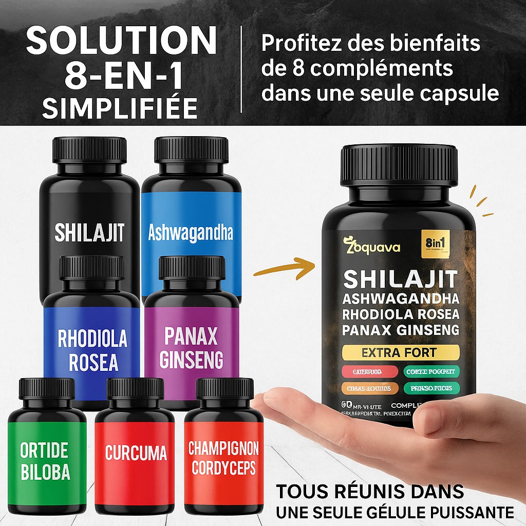 Formule Complète 8-en-1 : Shilajit & Adaptogènes Premium